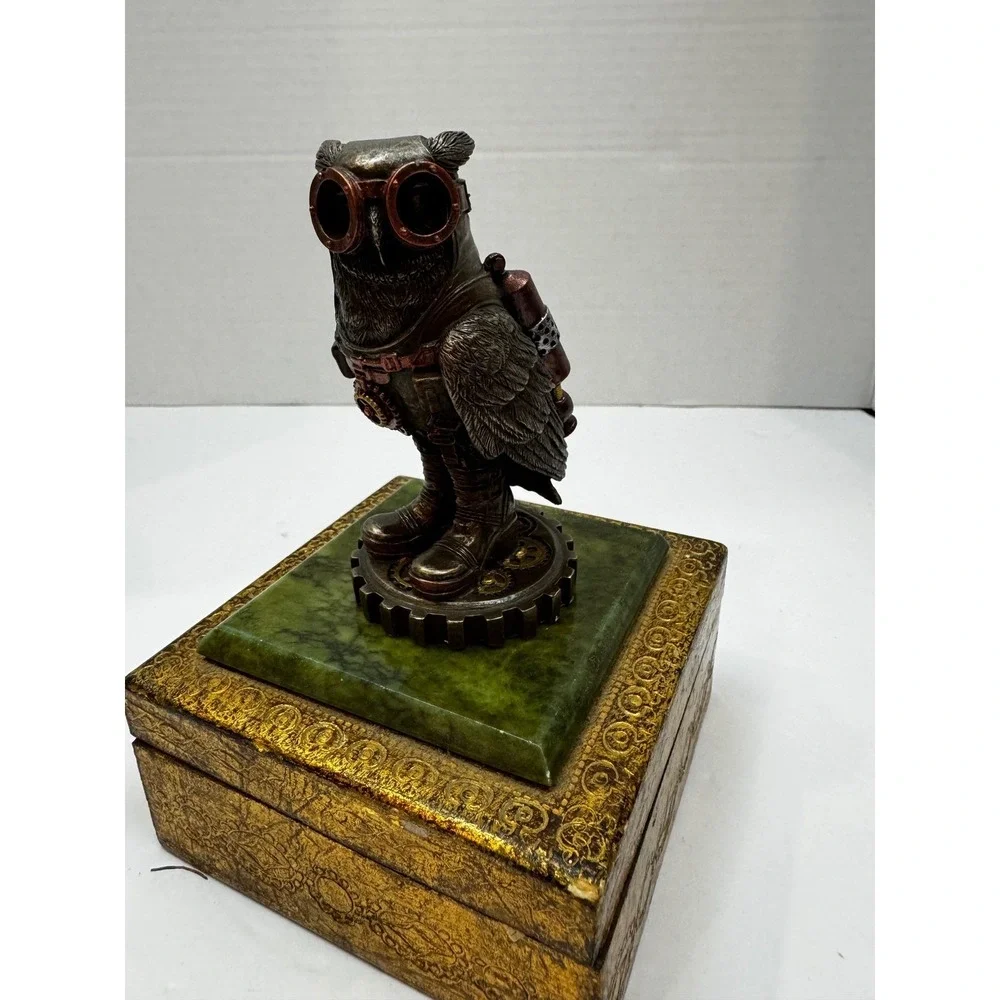 Steampunk Resin Owl Figurine Bronze Finish Goggles Jetpack Aviator Bird Statue